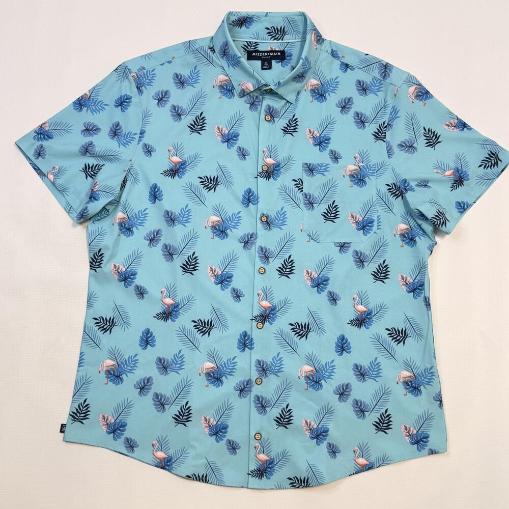 Mizzen+Main Leeward Shirt Mens XL Blue Flamingo Tropical Aloha Stretch Button Up